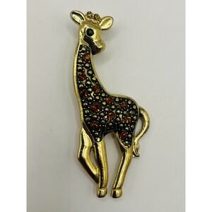 Vintage Gold Tone Giraffe Brooch Amber Rhinestone Zoo Wildlife Safari Animal Pin